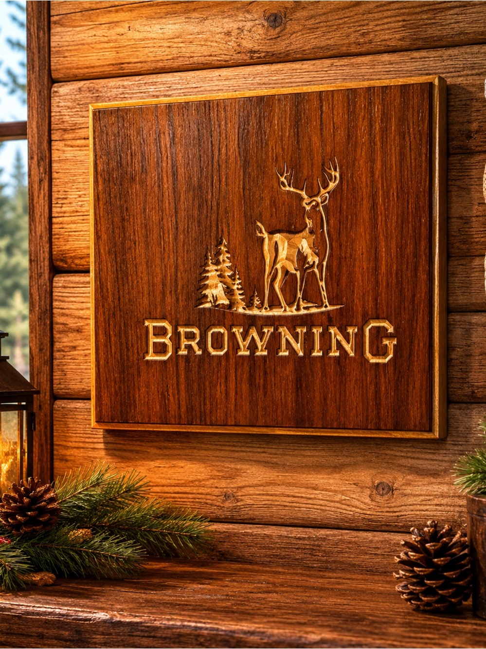 Browning | Buckmark Wooden Sign | Engraved Wood Wall Art Decor Hunting Cabin